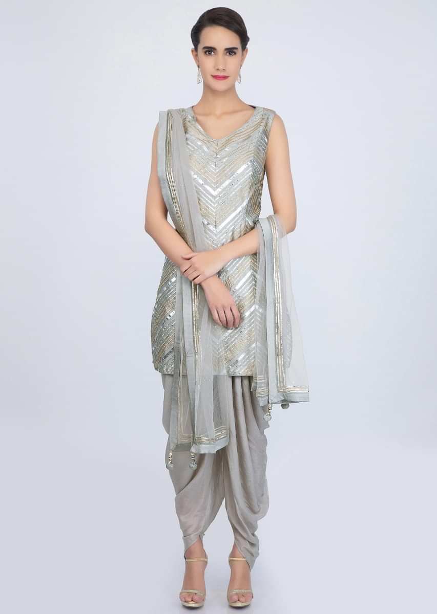 Coin grey dhoti suit set in applique work only on Kalki