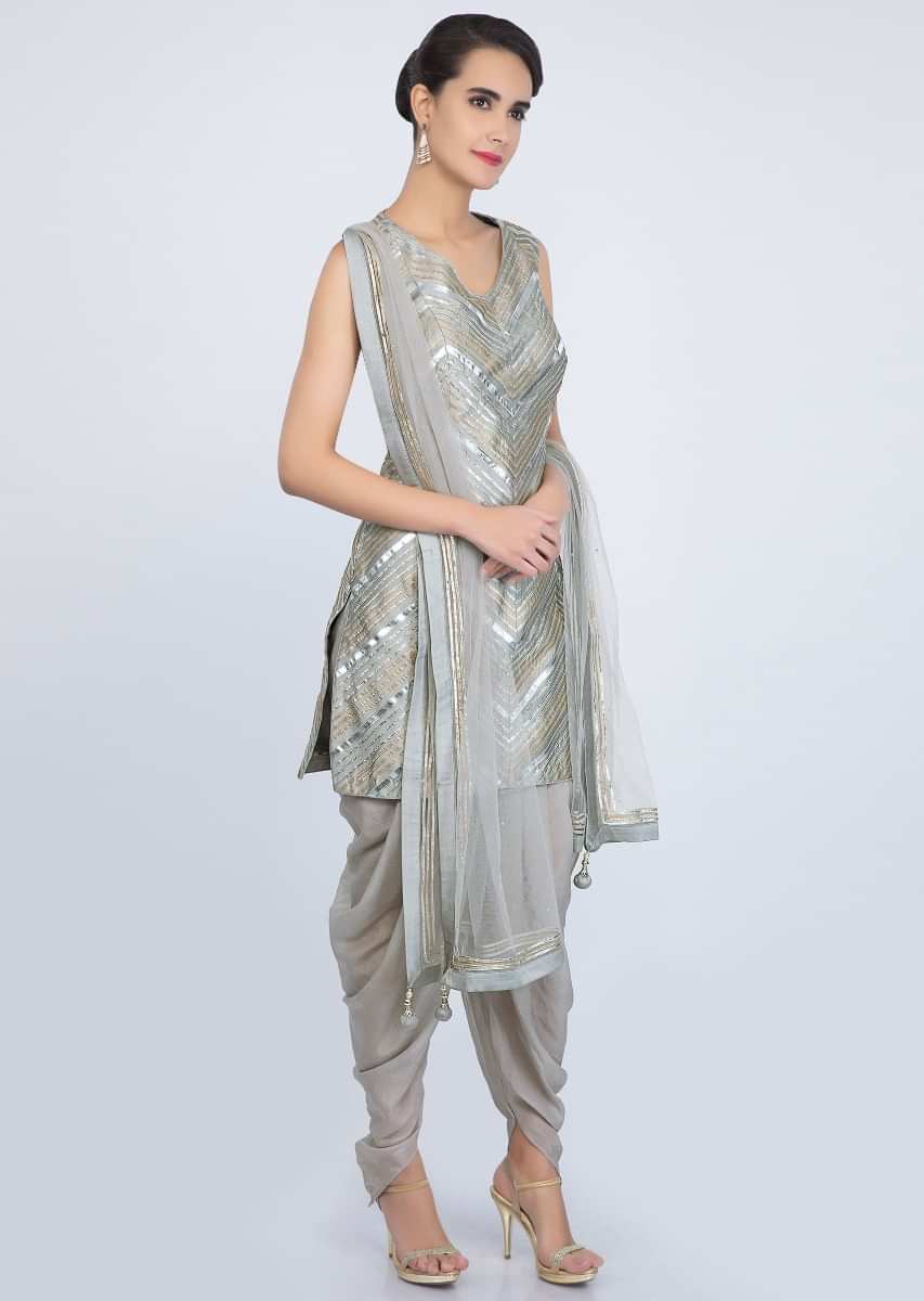 Coin grey dhoti suit set in applique work only on Kalki