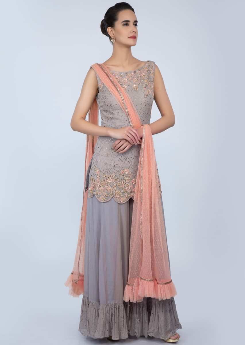 Coin grey georgette palazzo suit set with peach net dupatta only on Kalki