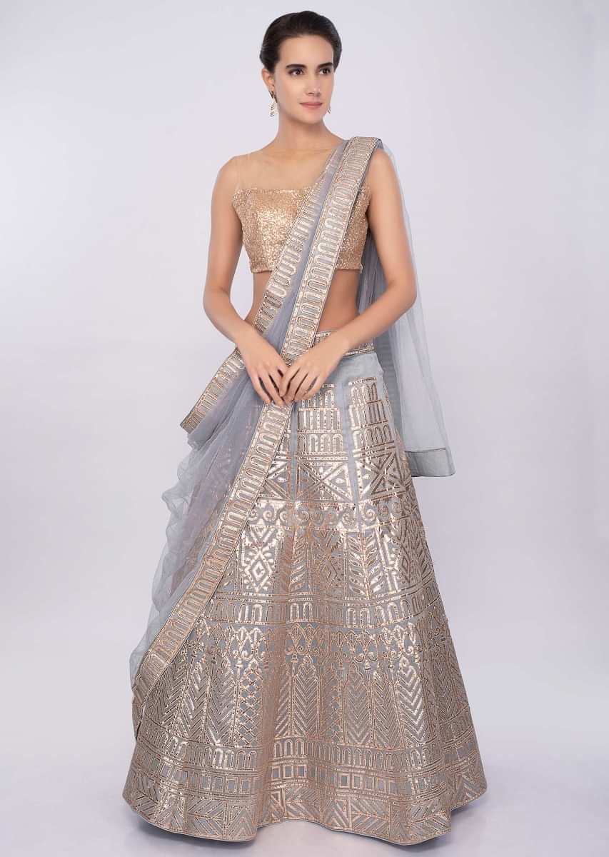 Coin grey organza lehenga set with gotta patch embroidery only on Kalki
