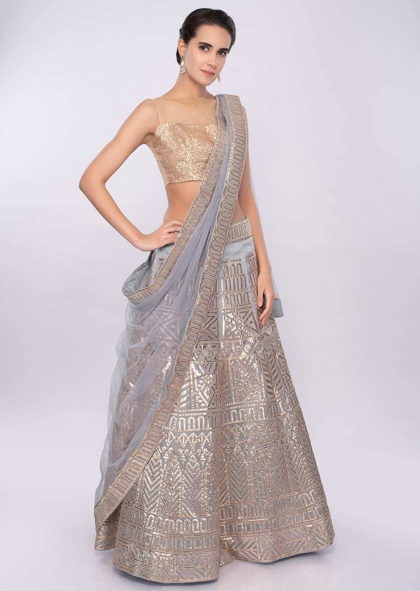 Coin grey organza lehenga set with gotta patch embroidery only on Kalki