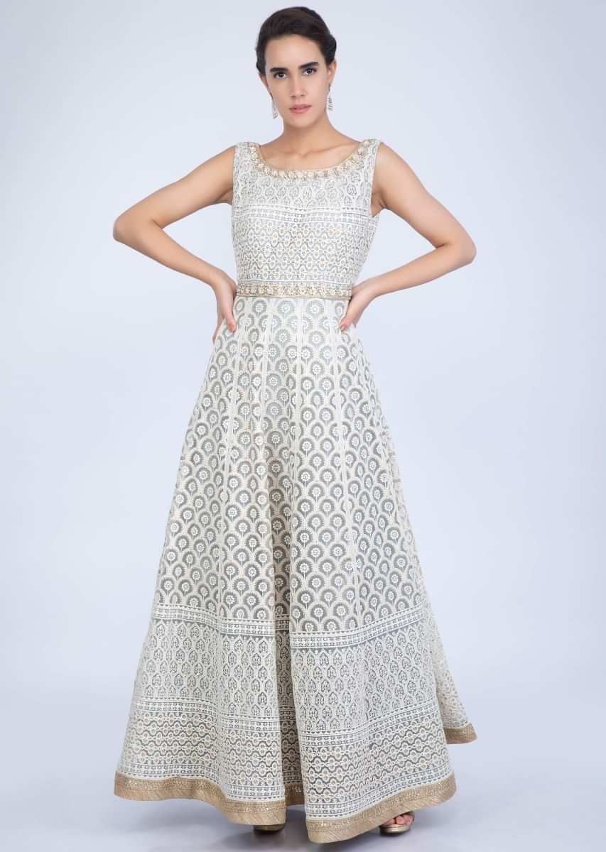 Coin Grey Anarkali Suit In Thread Embroidered Net With Contrasting Golden Embroidered Border Online - Kalki Fashion