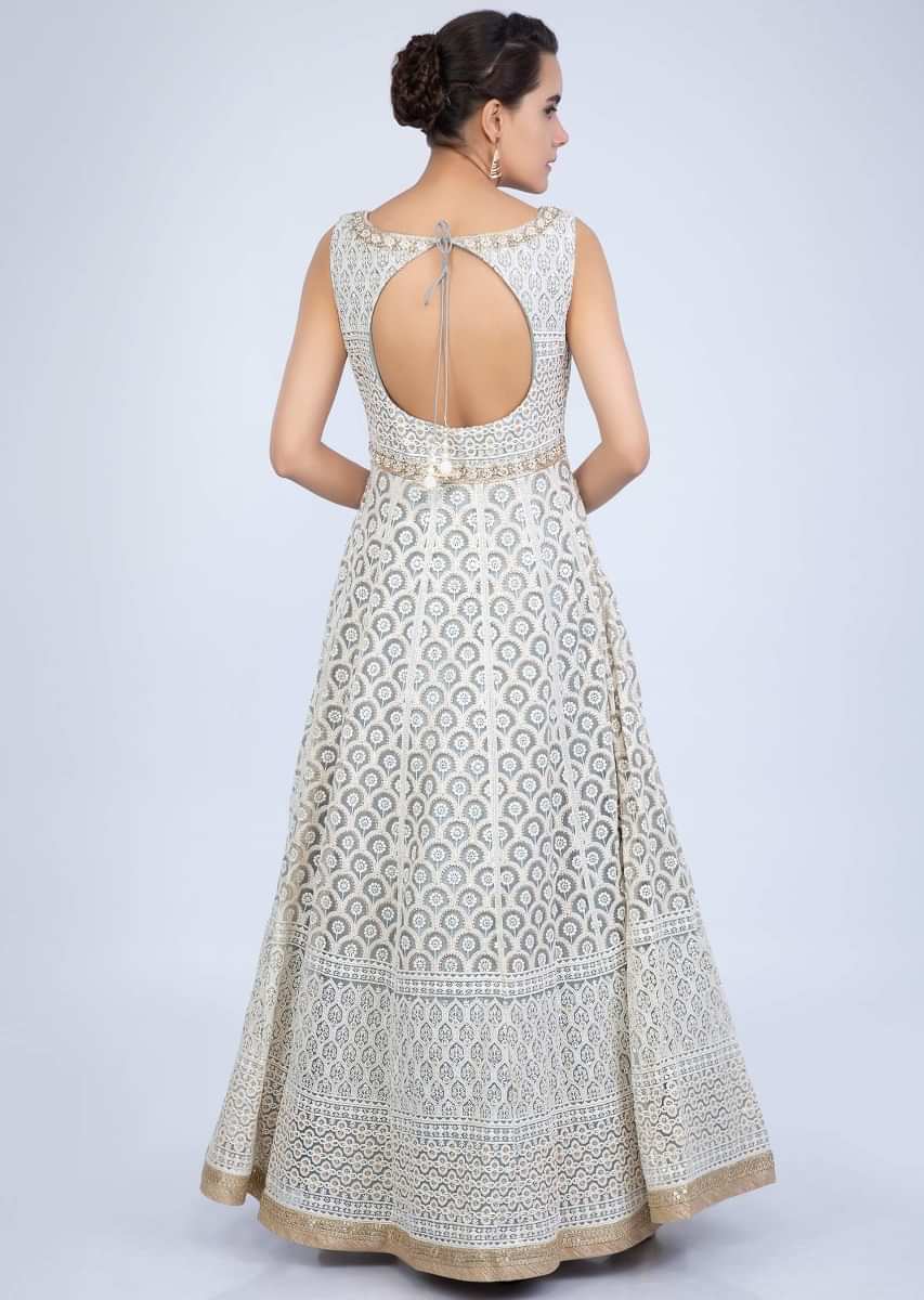 Coin Grey Anarkali Suit In Thread Embroidered Net With Contrasting Golden Embroidered Border Online - Kalki Fashion