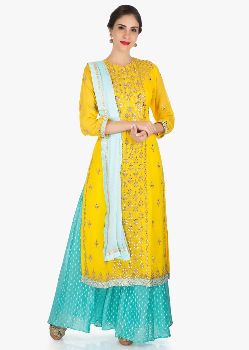 Yellow And Blue Palazzo Suit In Georgette With Heavy Thread And Gotapatti Work Online - Kalki Fashion