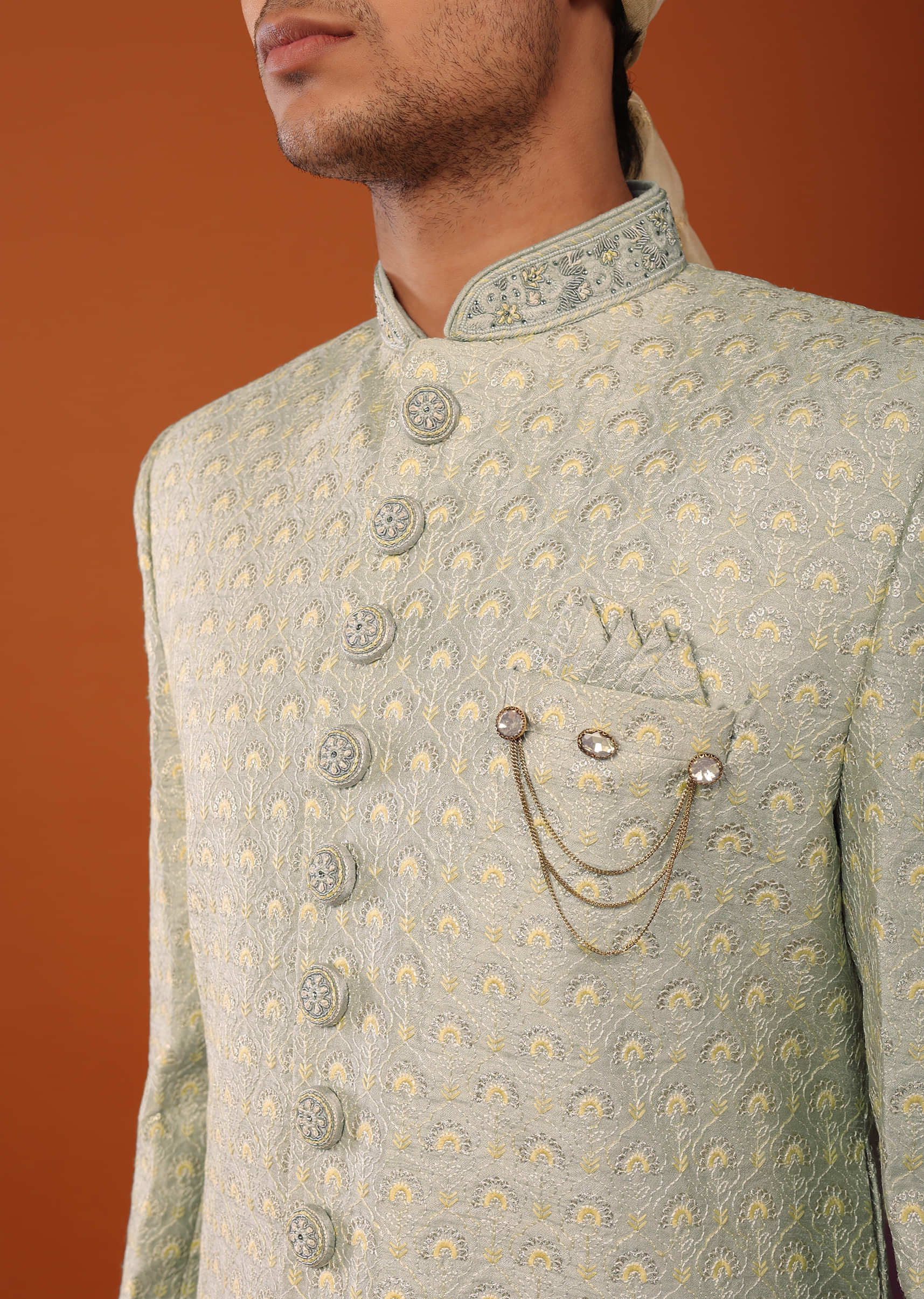 Silver Festive Embroidered Sherwani In Silk