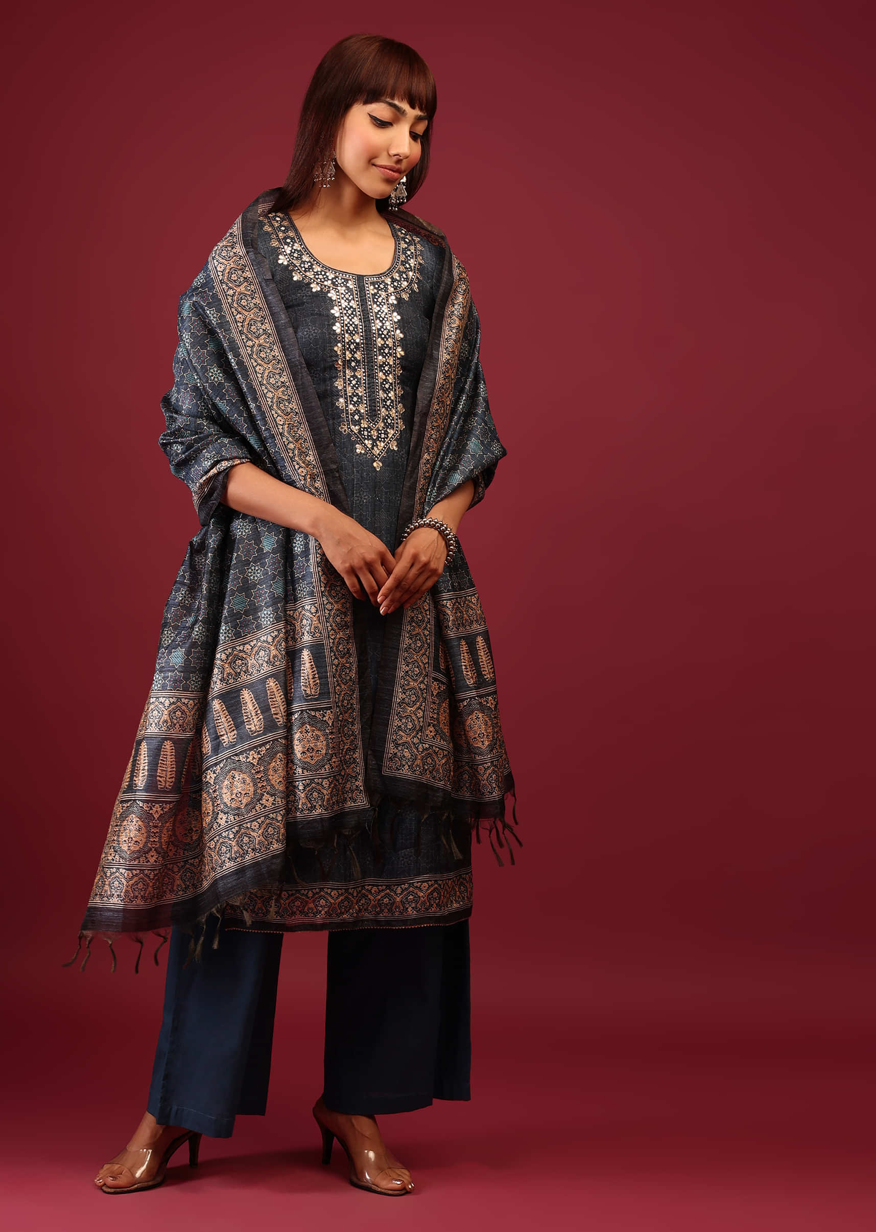 Copen Blue Palazzo Suit In Tussar Silk With Ajrakh Handblock Print And Embroidery 