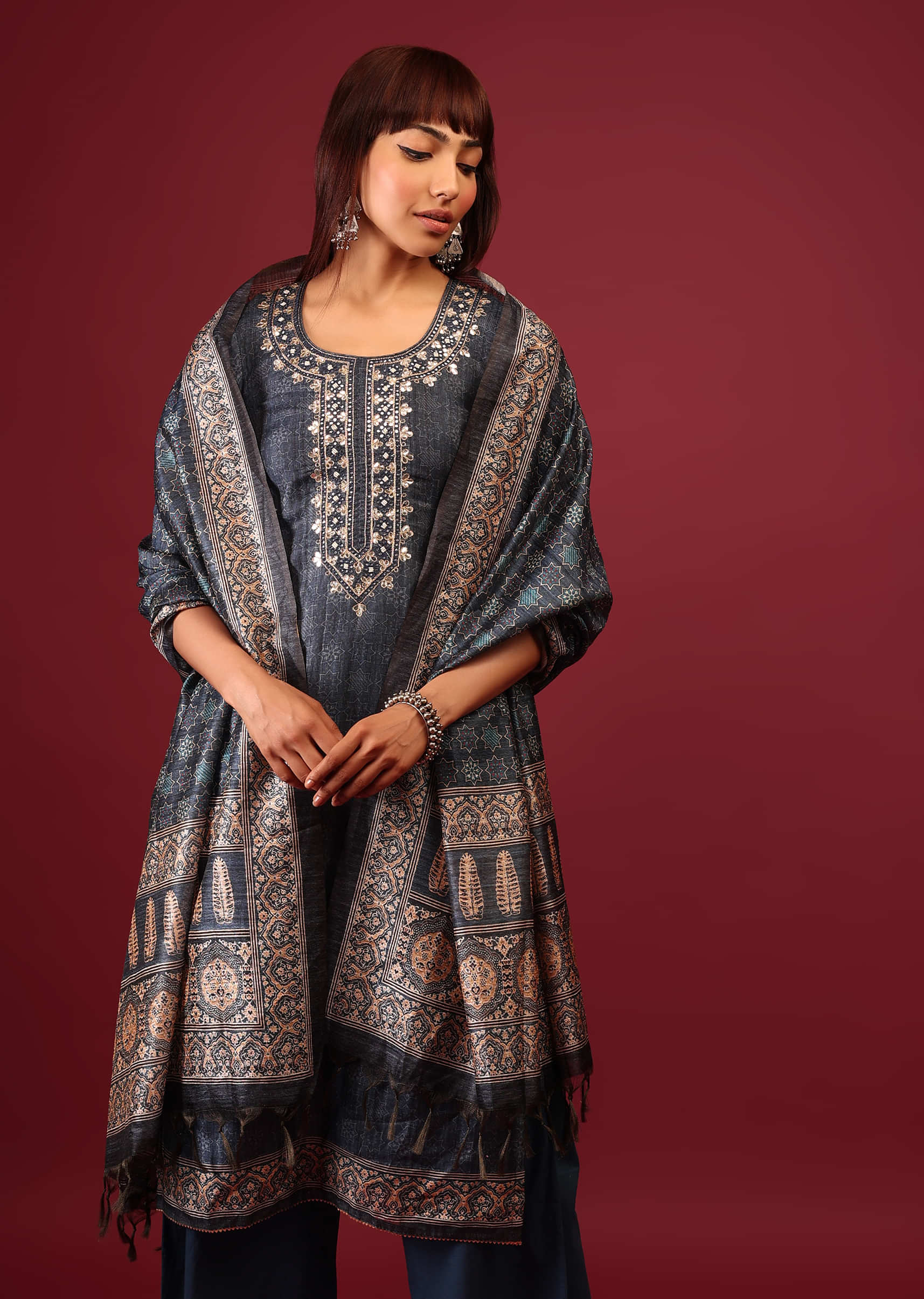 Persian Blue Palazzo Suit In Tussar Silk With Ajrakh Handblock Print And Embroidery