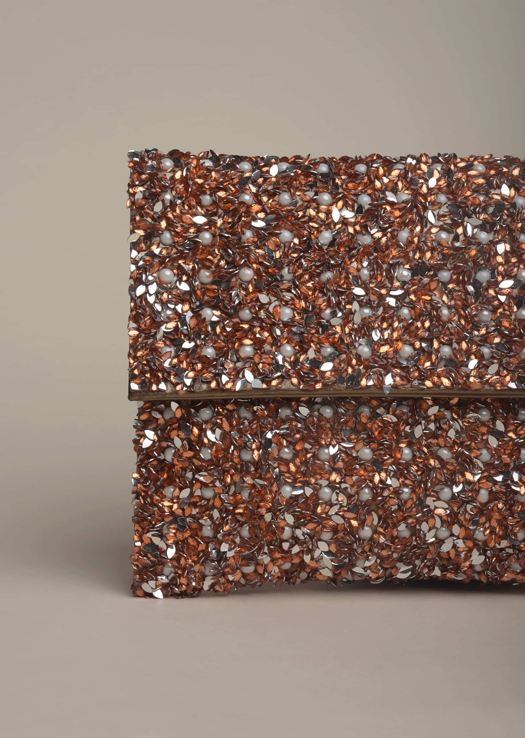 Copper Envelop Clutch Embellished With Sequins And Pearls By Solasta
