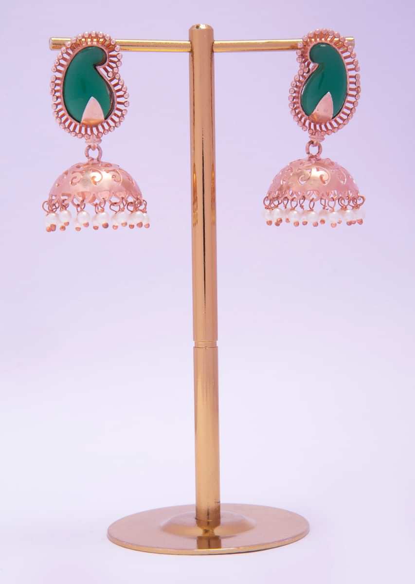 Copper jhumkas with cut work and emerald green bead in paisley motif only on kalki