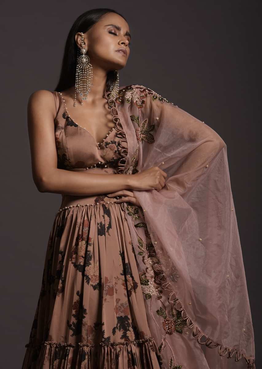 Copper Peach Tiered Skirt And Crop Top In Milano With Floral Print And Embroidered Organza Dupatta 