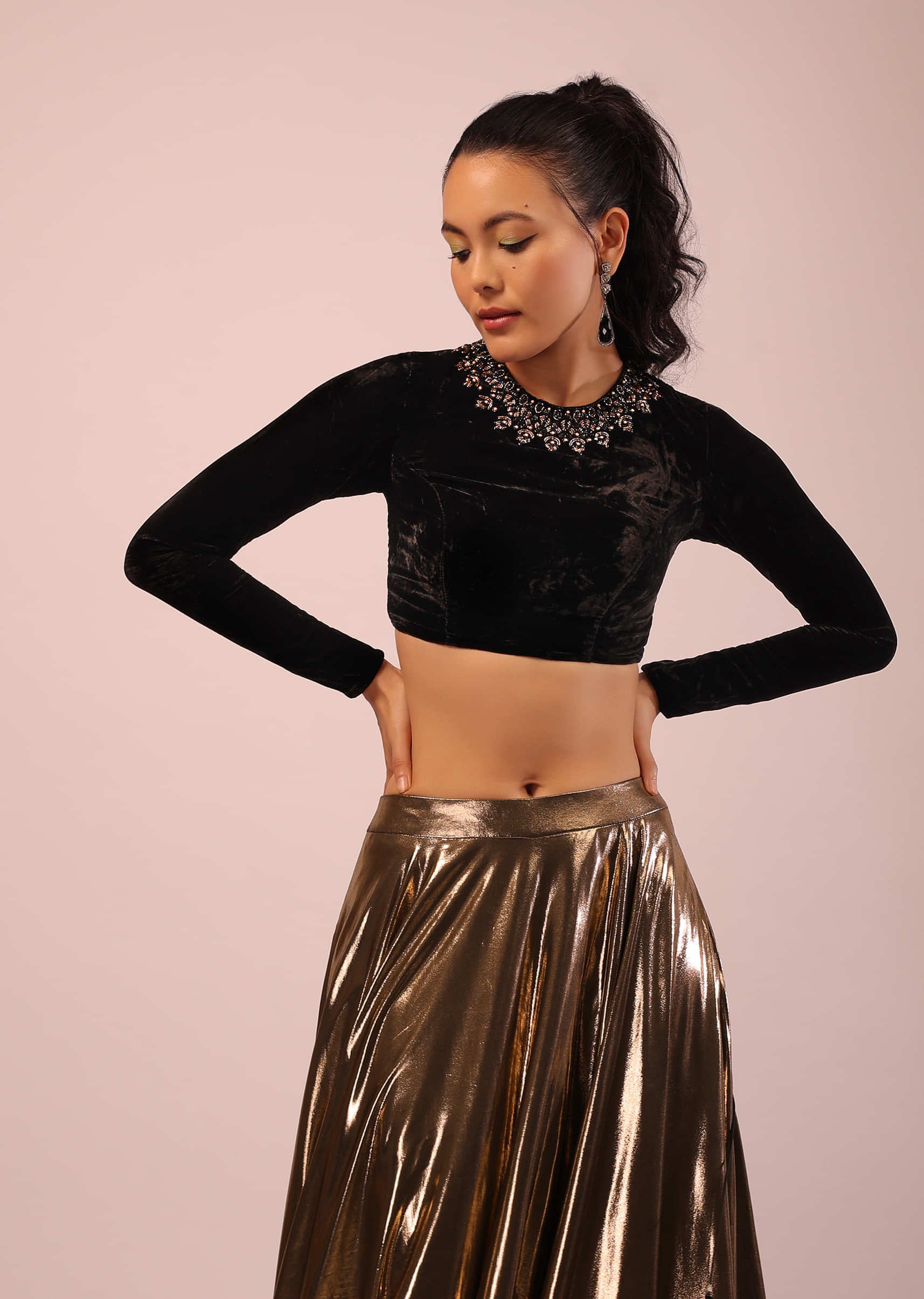 Copper Metallic Skirt And Black Velvet Crop Top Set With Criss Cross Tie Up On The Back