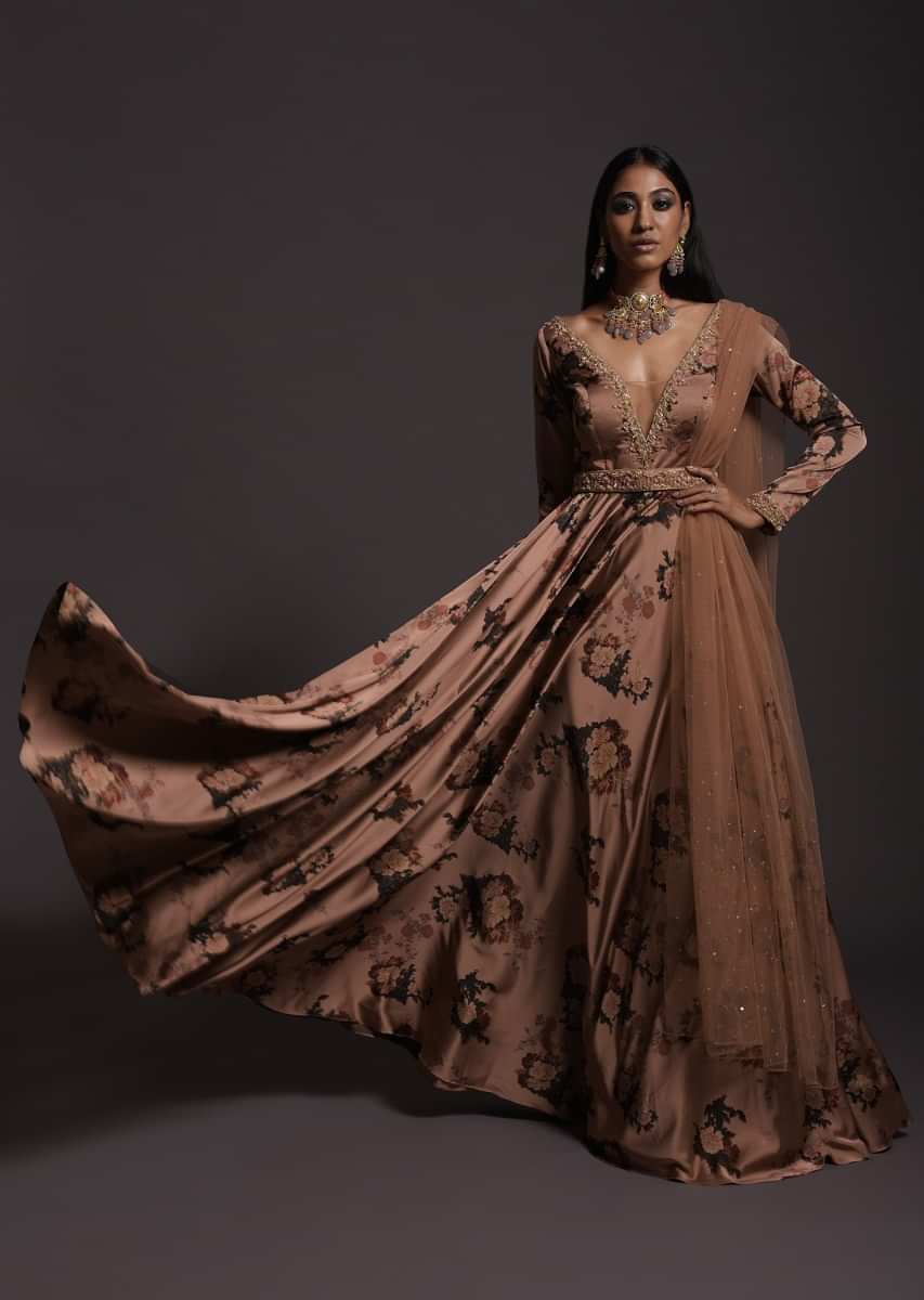 Copper Peach Anarkali Suit In Milano With Floral Print, Plunging Neckline And An Embellished Belt  