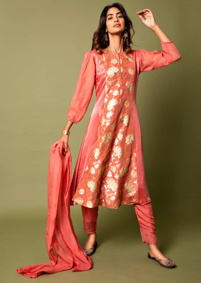 Coral A Line Suit With Floral Hand Woven Banarasi On The Centre Kali And Cheeta Embroidery Online - Kalki Fashion