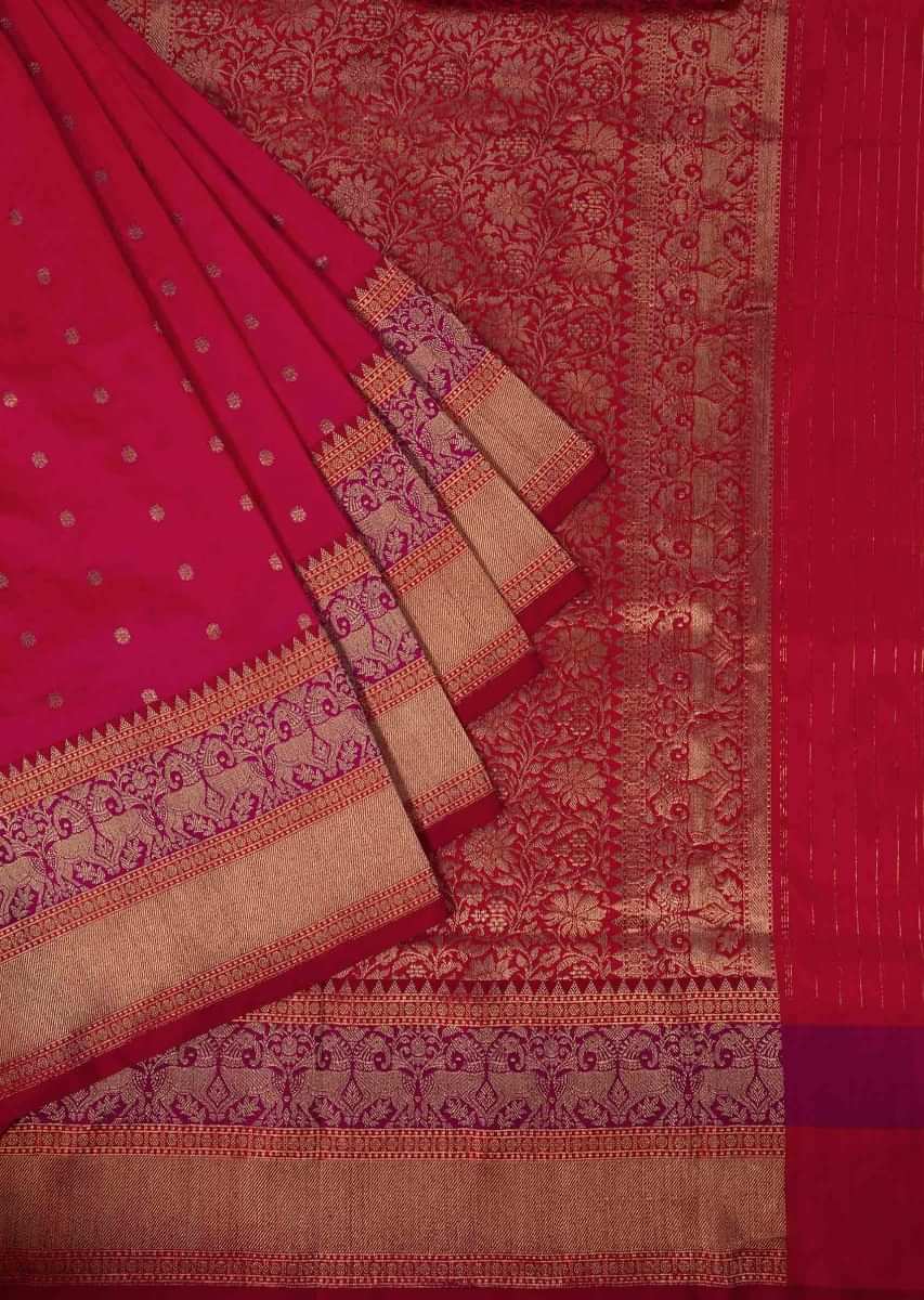 Coral banarasi silk saree in weaved floral butti