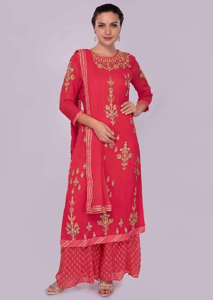 Coral georgette embroidered suit set with chiffon dupatta 