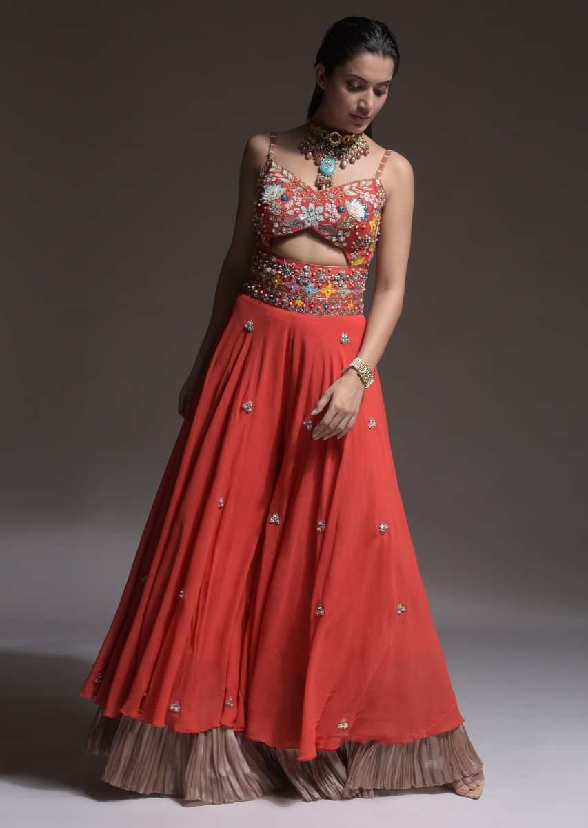 Coral Jumpsuit In Georgette With Front Cut Out And Colorful Appliqued Spring Blossoms  