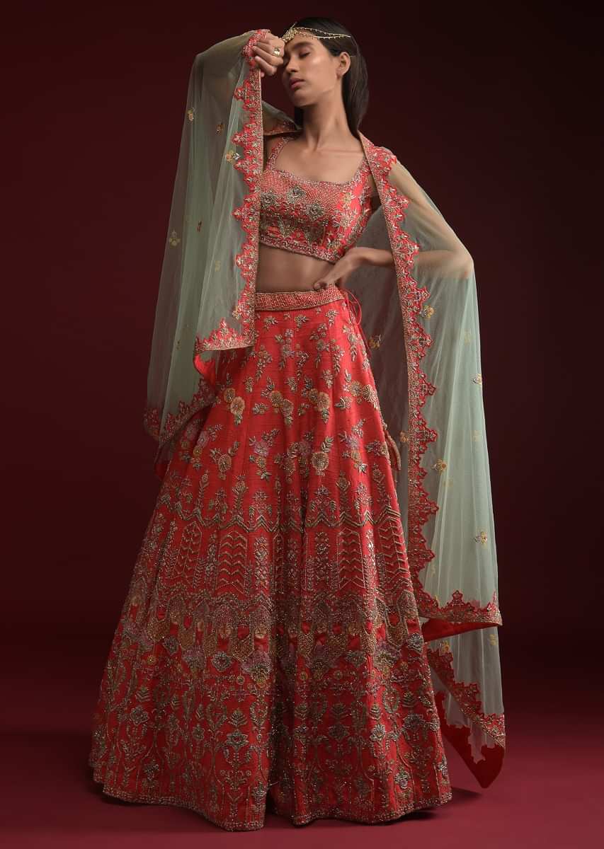 Buy Coral Lehenga Choli In Raw Silk With Hand Embossed Embroidery In ...