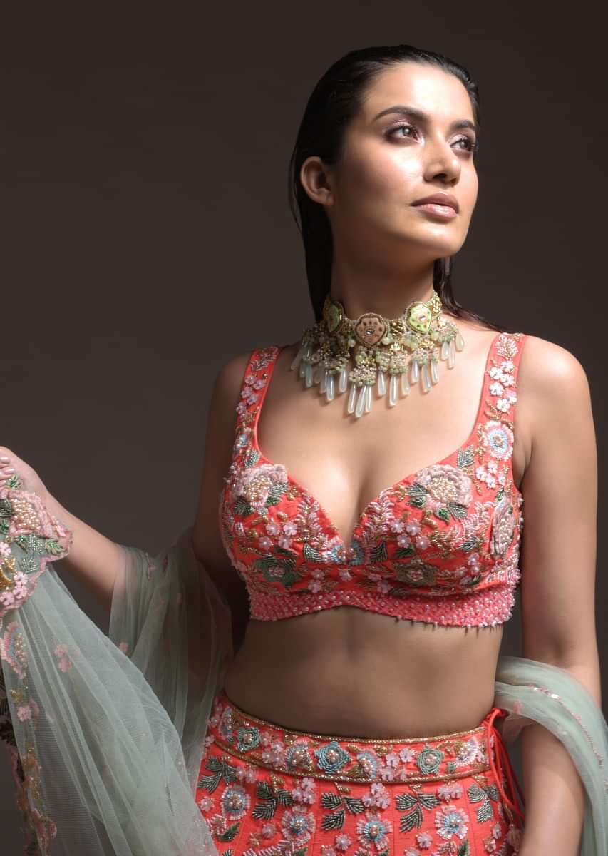 Coral Lehenga Choli With 3D Resham Flowers And Sequins Embroidered Summer Blossoms 