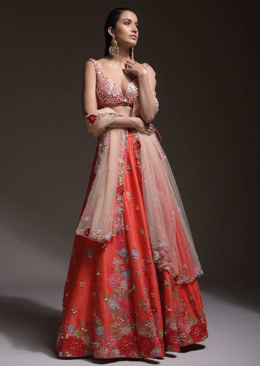 Coral Lehenga Choli With Resham Embroidered Summer Blossoms Along The Hemline And Scattered Buttis 