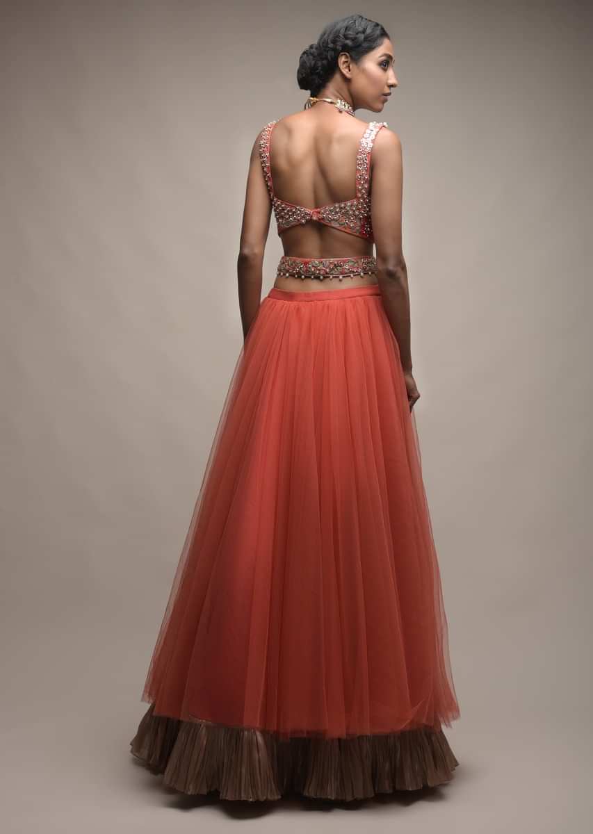 Coral Lehenga In Net With Pleated Frill And Sequins Embellished Crop Top 