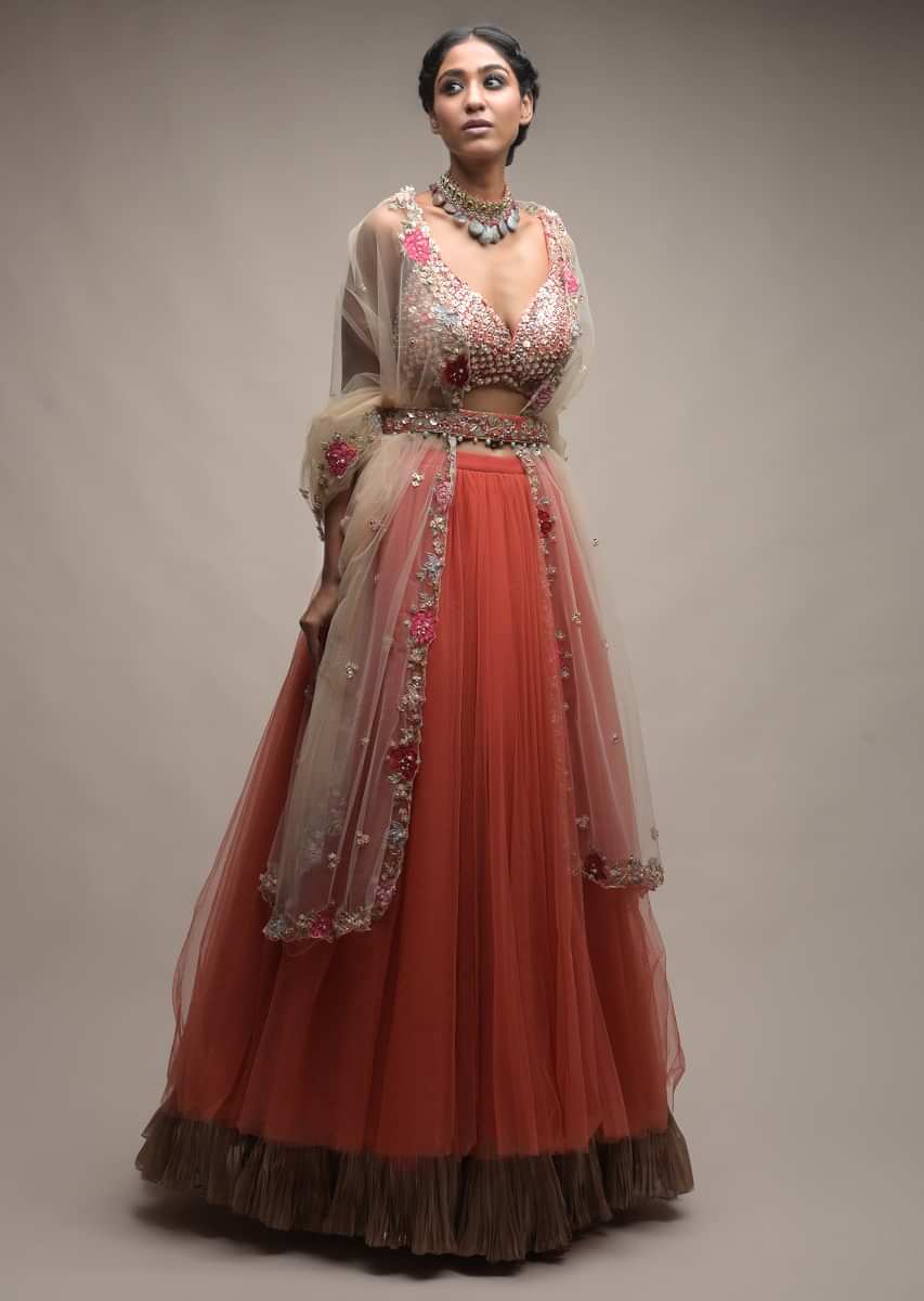 Coral Lehenga In Net With Pleated Frill And Sequins Embellished Crop Top 