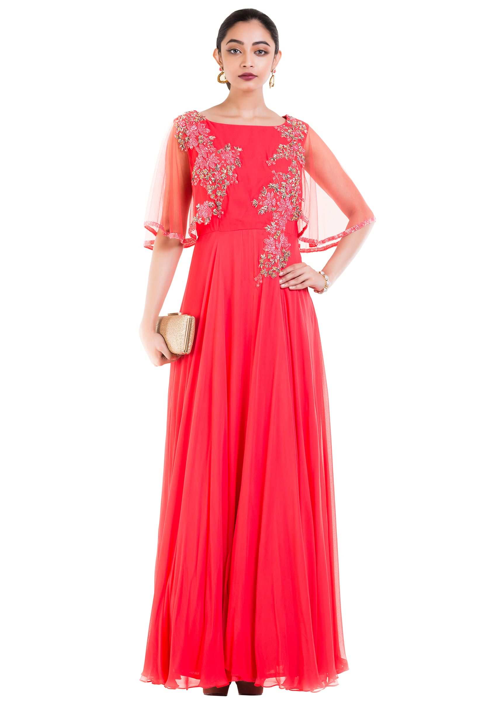 Coral Long Dress With Embroidered Half Cape
