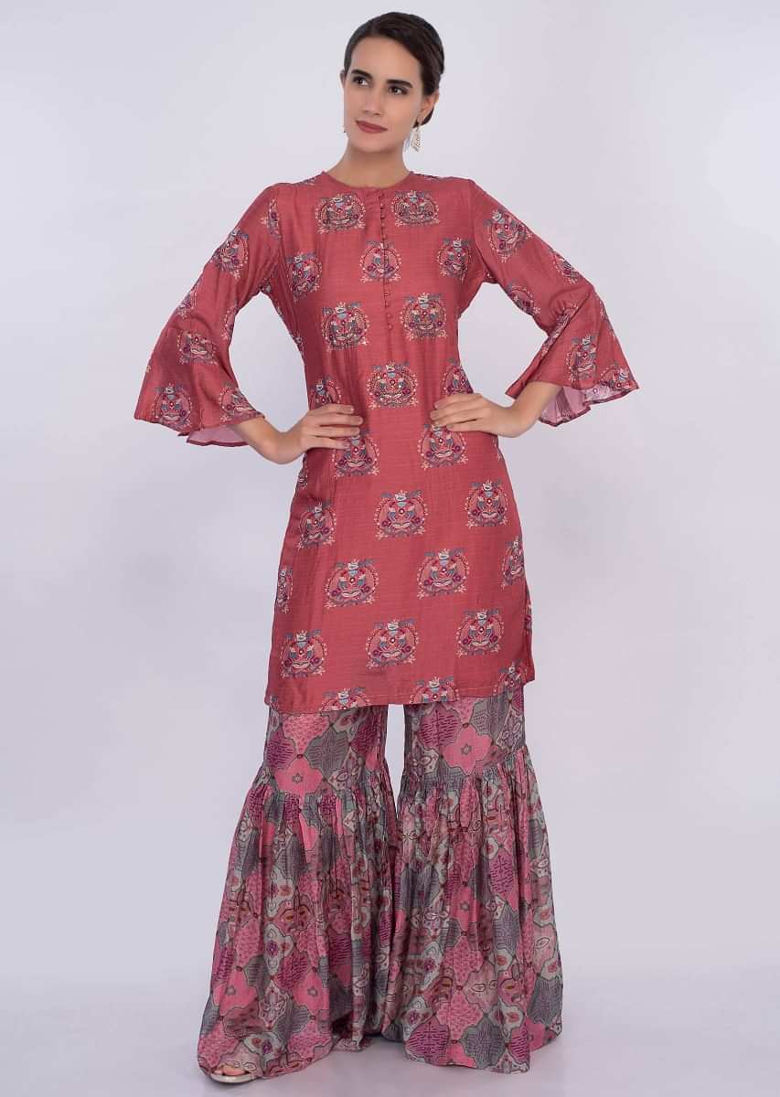 Coral peach cotton sharara suit set in floral and bird print only on Kalki