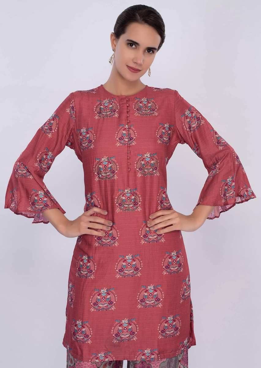 Coral peach cotton sharara suit set in floral and bird print only on Kalki