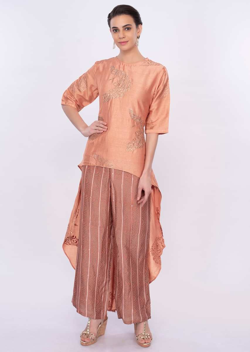 Coral peach front short back long suit with printed bottom only on Kalki