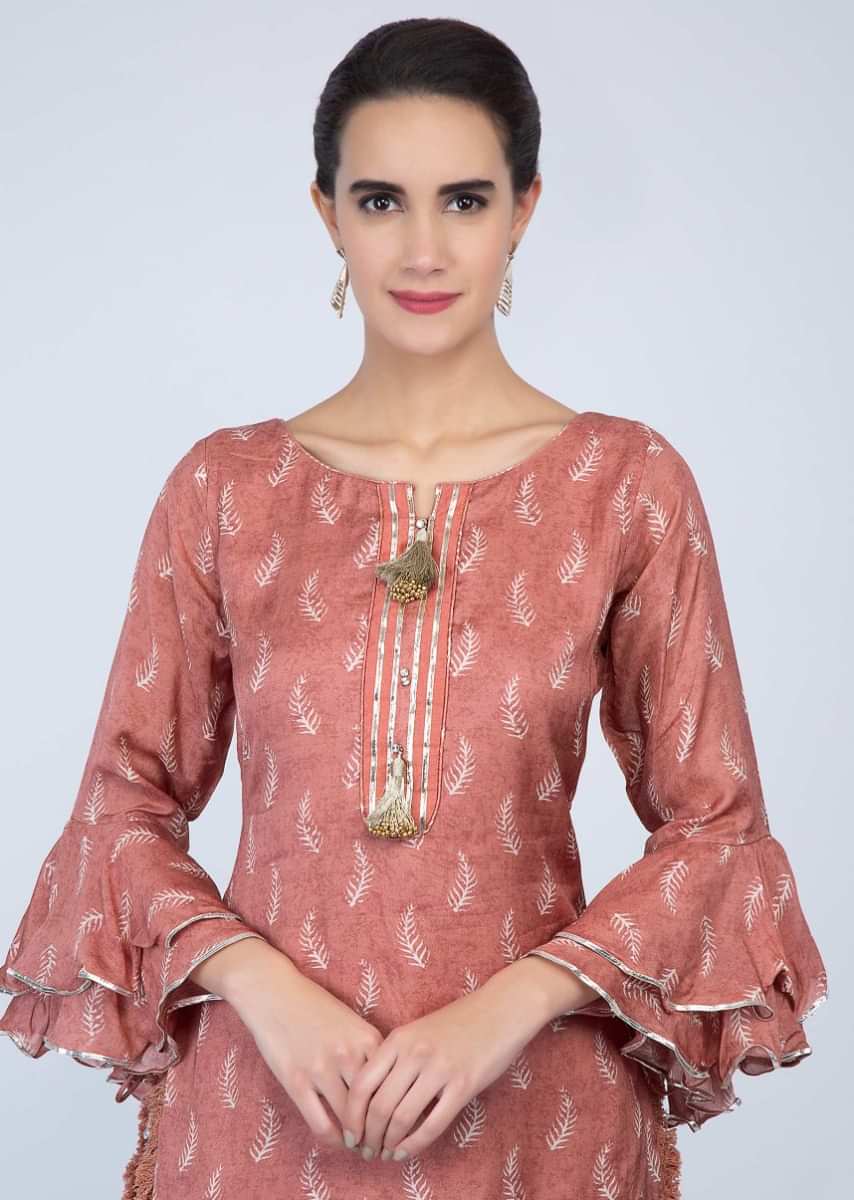 Coral Peach Top With Leaf Print And Paired With Fancy Dhoti Pant Online - Kalki Fashion