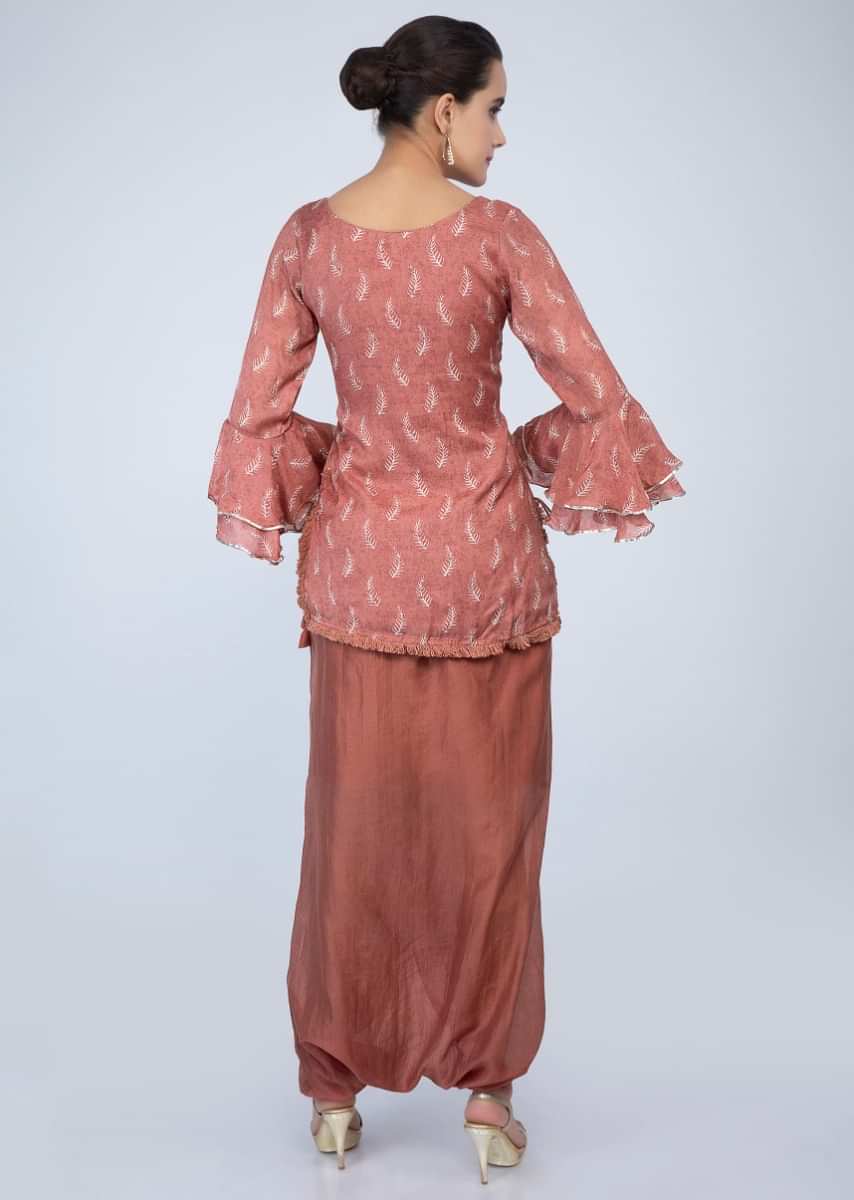 Coral Peach Top With Leaf Print And Paired With Fancy Dhoti Pant Online - Kalki Fashion