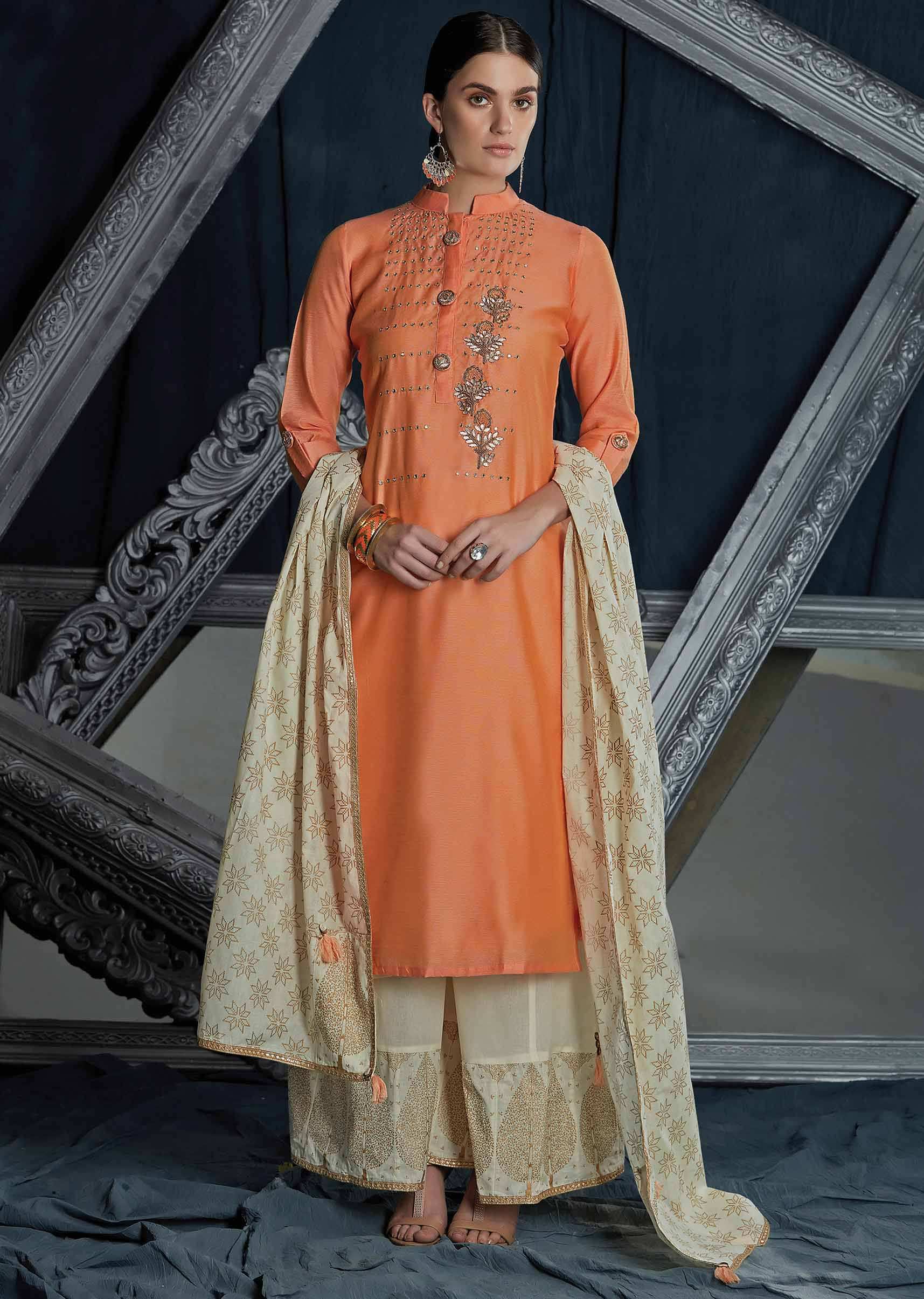 Coral peach straight palazzo suit in silk with embroidered placket in gotta patch and fancy buttons