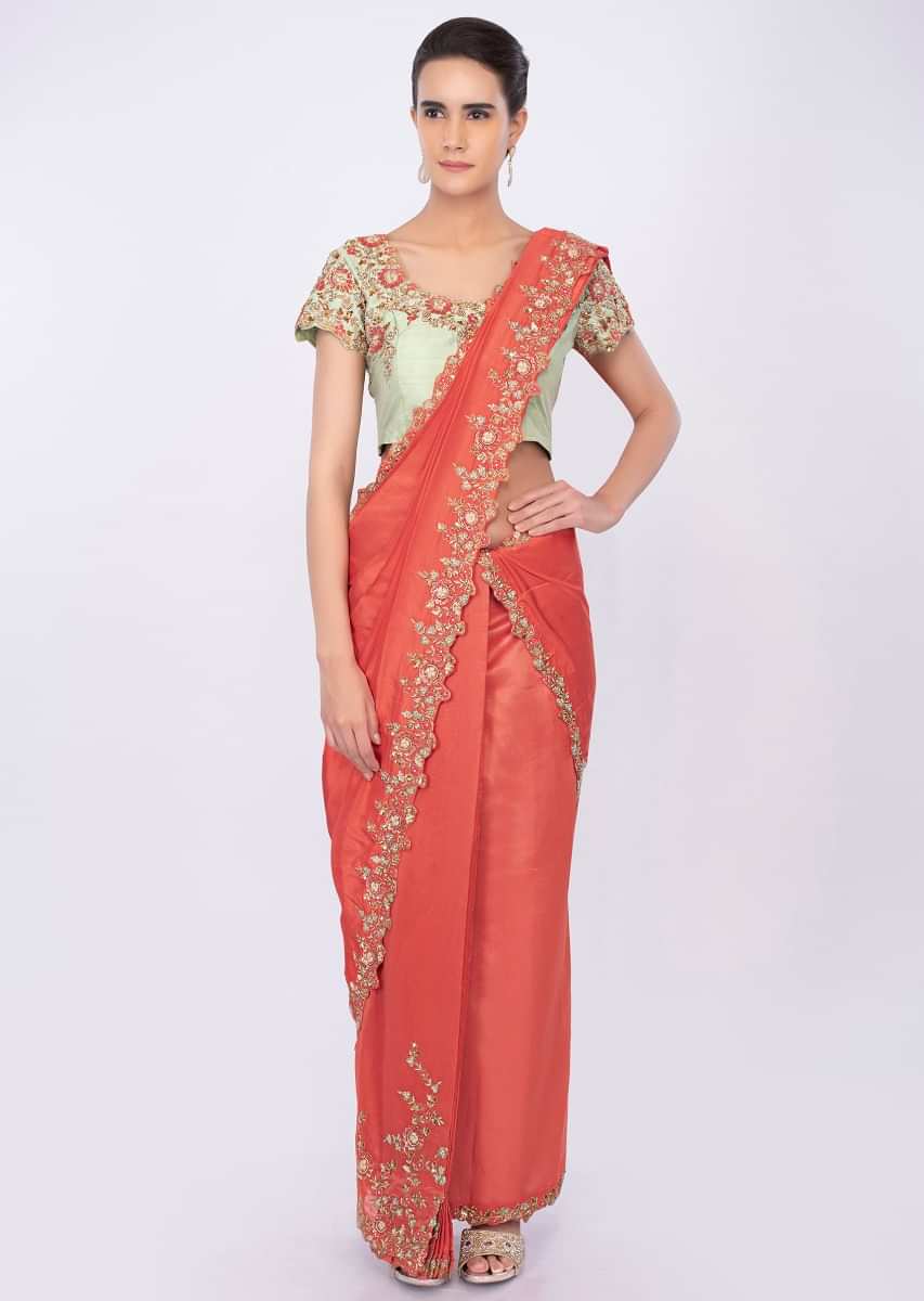 Coral Peach Two Piece Saree With Draped Pleats And Detached Pallo Online - Kalki Fashion