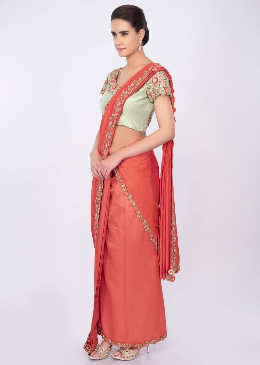 Coral Peach Two Piece Saree With Draped Pleats And Detached Pallo Online - Kalki Fashion