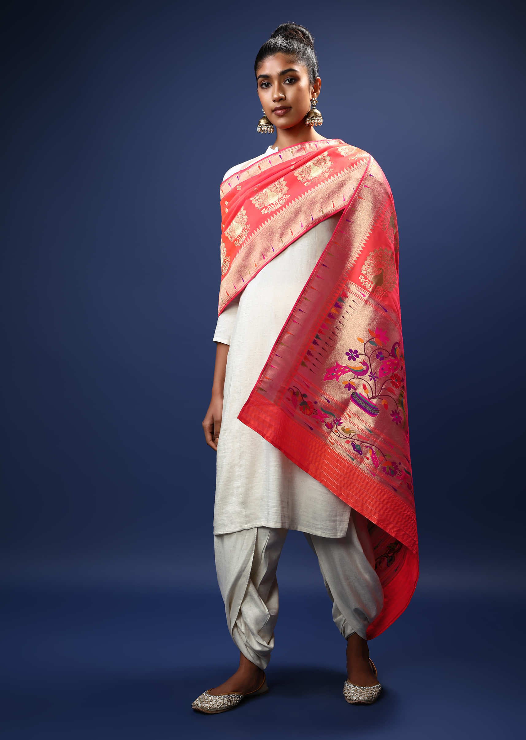 Coral Pink Dupatta In Brocade Silk With Multi Colored Bird Design On The Border And Golden Peacock Motifs Online - Kalki Fashion