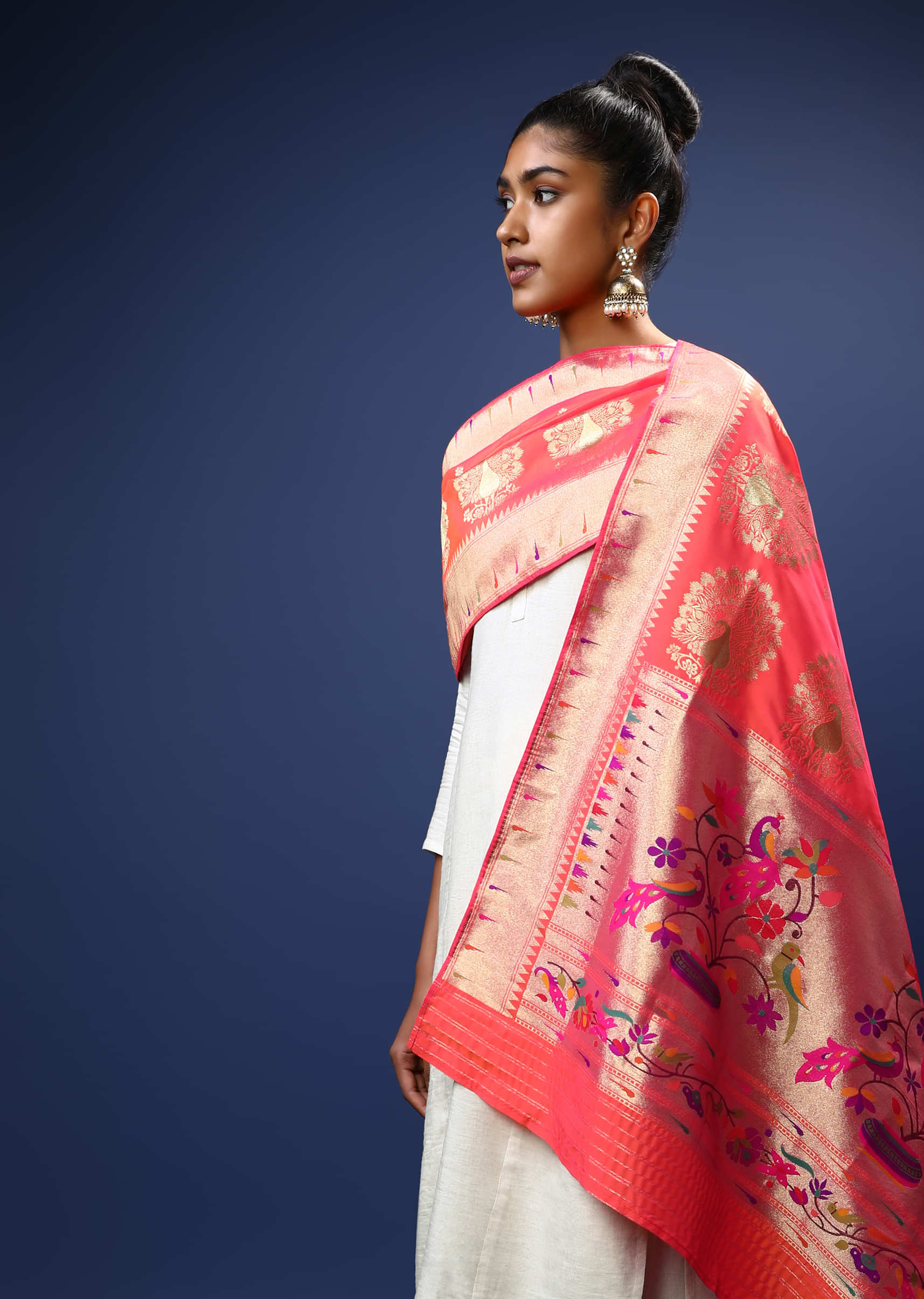 Coral Pink Dupatta In Brocade Silk With Multi Colored Bird Design On The Border And Golden Peacock Motifs Online - Kalki Fashion
