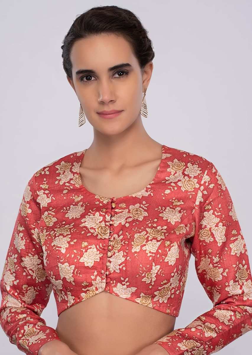 Coral Pink Blouse In Raw Silk With Floral Print Online - Kalki Fashion