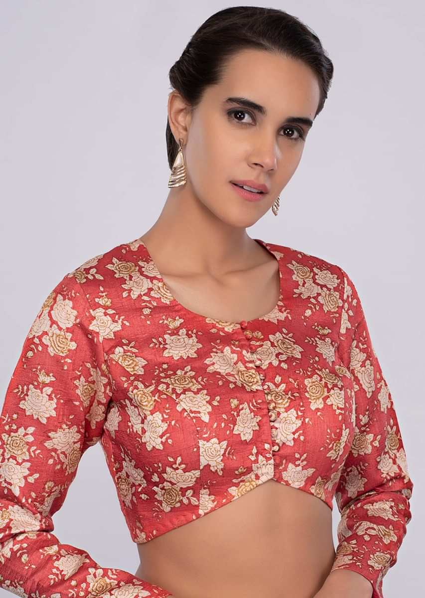 Coral Pink Blouse In Raw Silk With Floral Print Online - Kalki Fashion