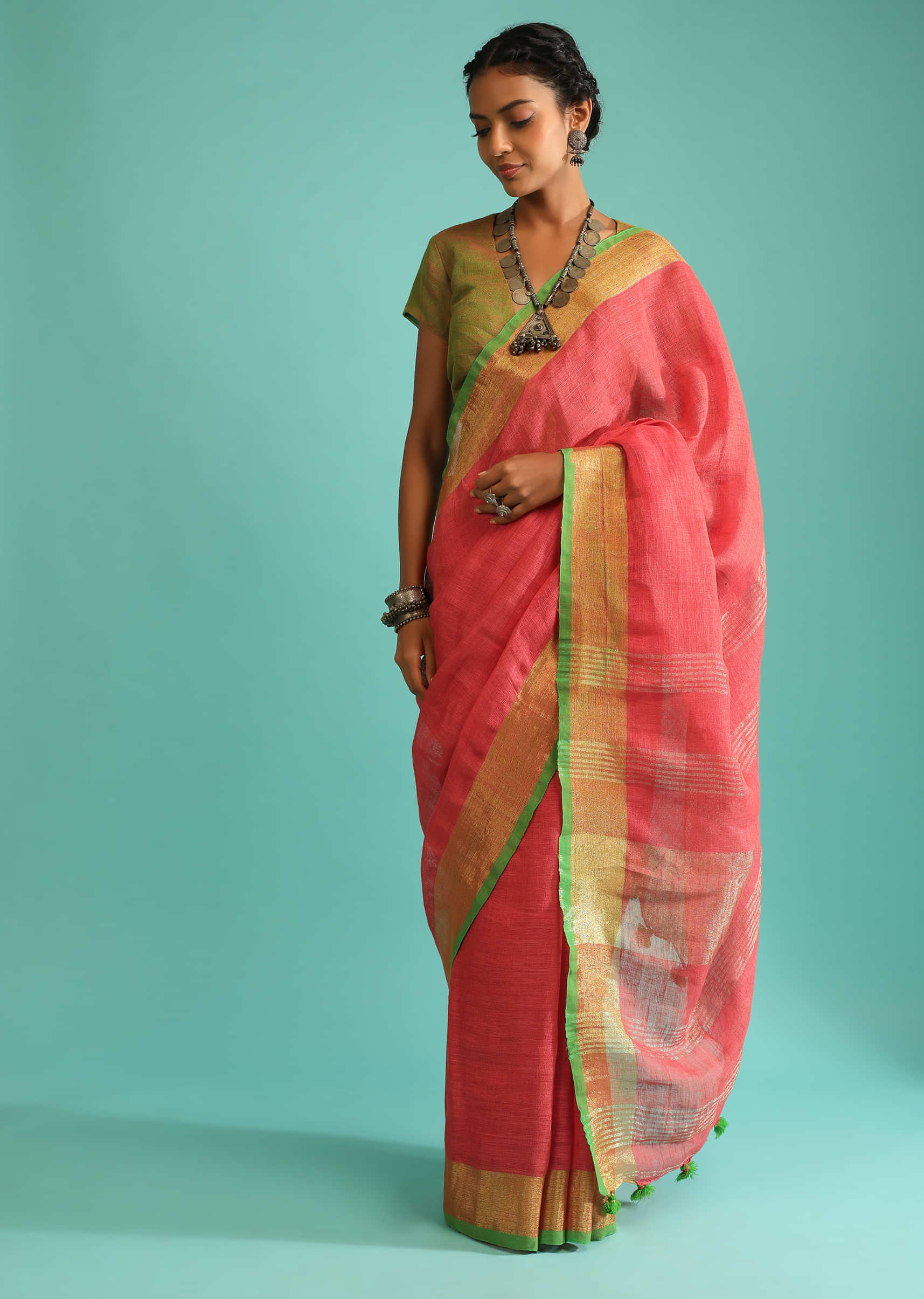 Coral Pink Saree In Linen With Golden Brocade Border And Striped Pallu