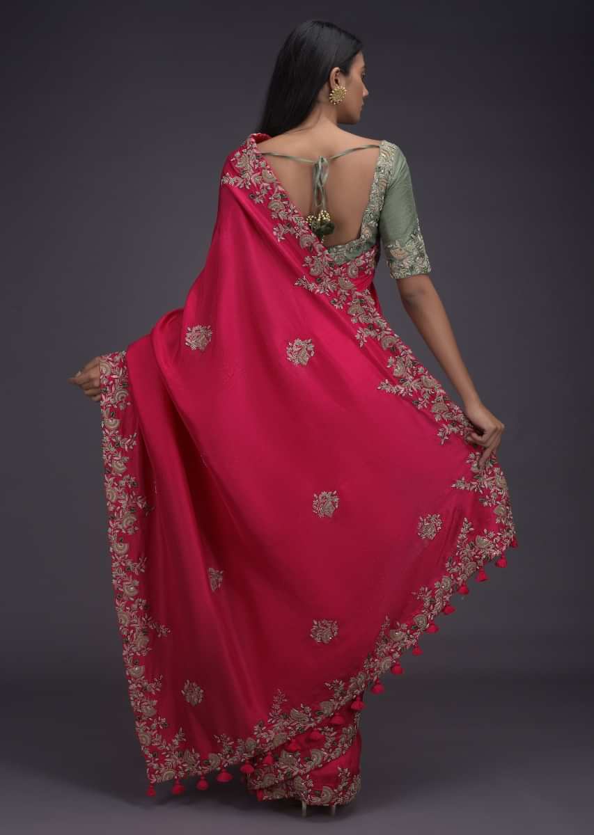 Coral Pink Saree With Zardozi Embroidered Buttis And Contrasting Sage ...