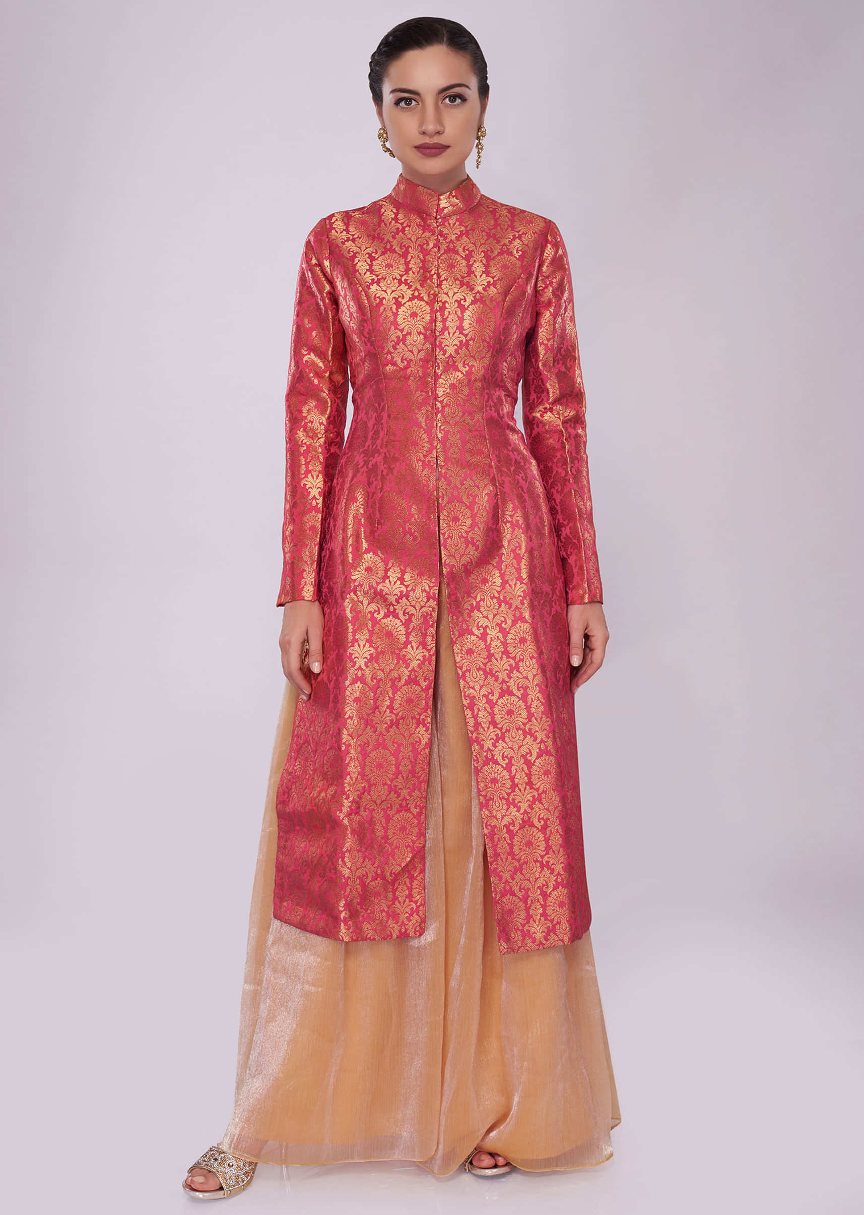 Coral red brocade suit paired with contrasting palazzo in fancy shimmer fabric