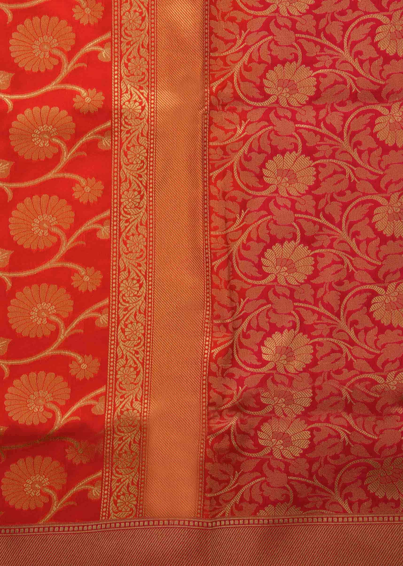 Coral red saree in chanderi silk with floral jaal weave all over