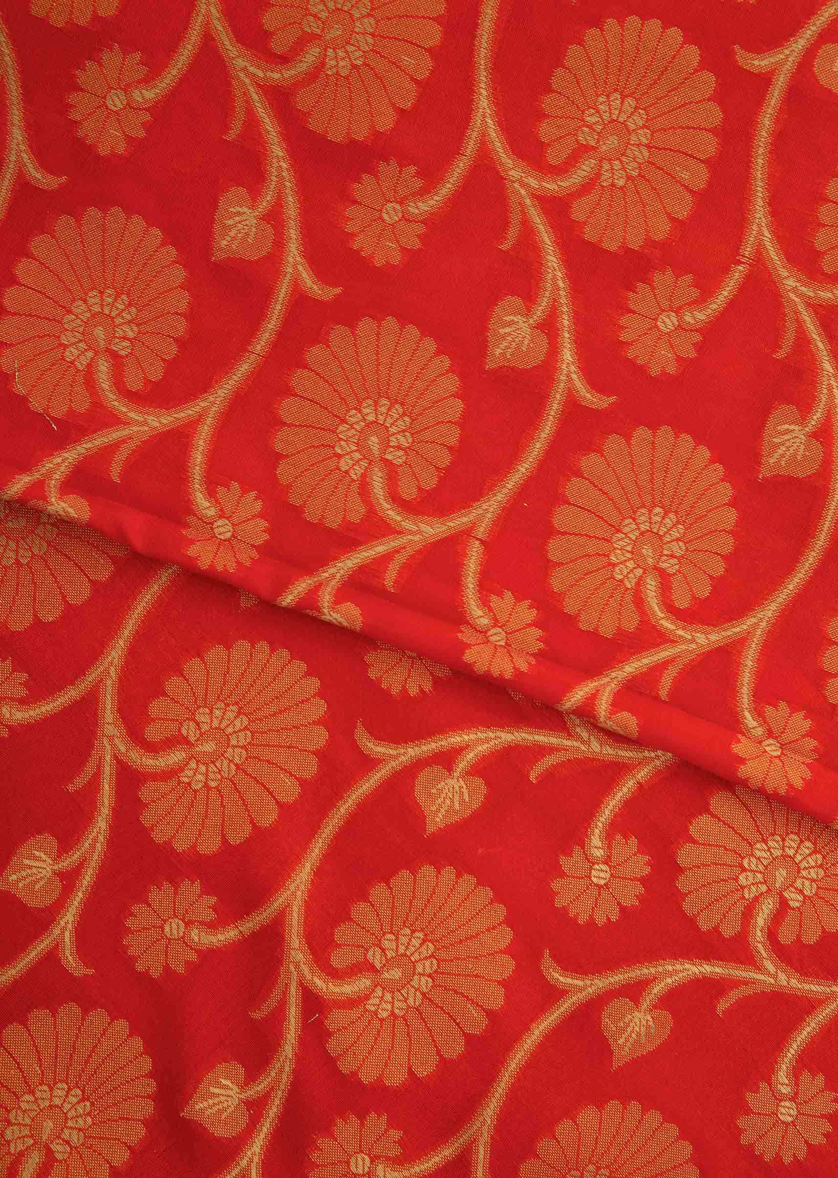 Coral red saree in chanderi silk with floral jaal weave all over
