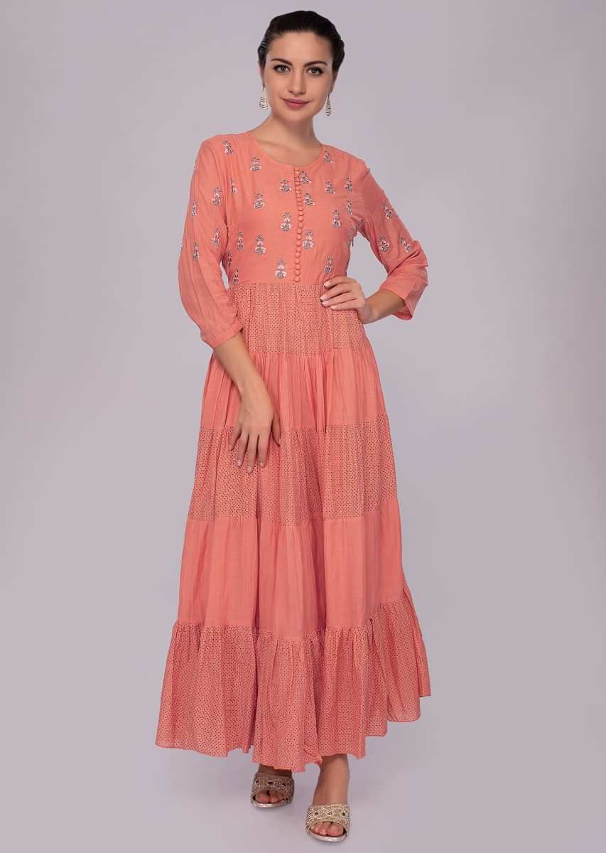 Coral rose cotton tunic dress with resham butti bodice