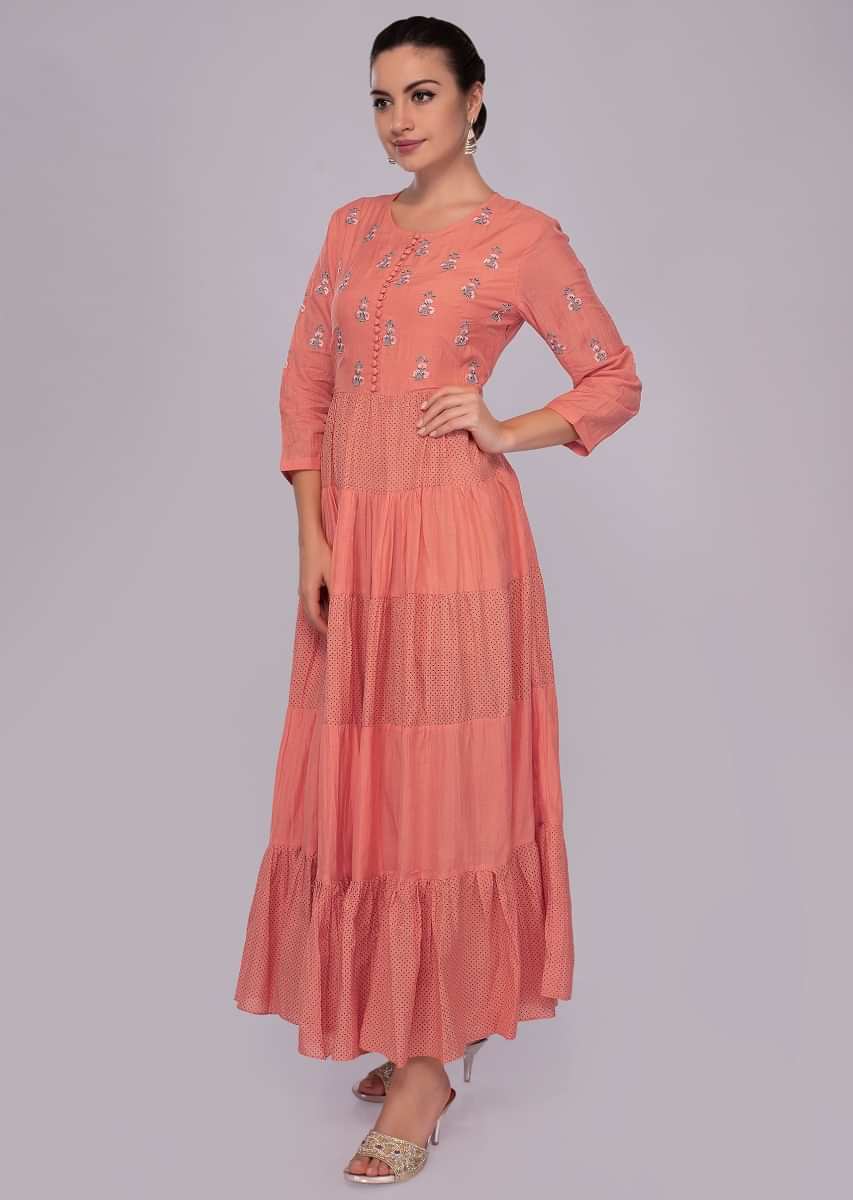 Coral rose cotton tunic dress with resham butti bodice