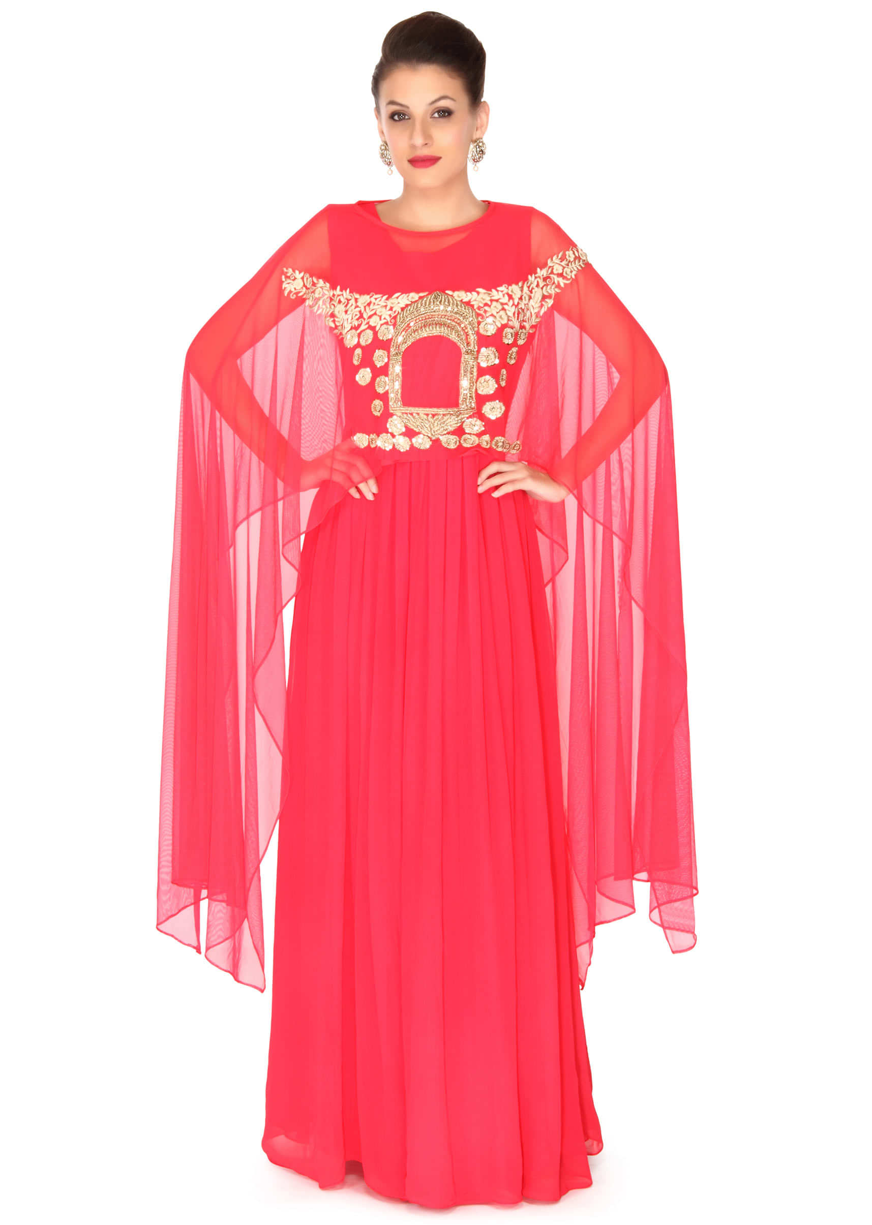 Coral suit matched with embroidered cape only on Kalki