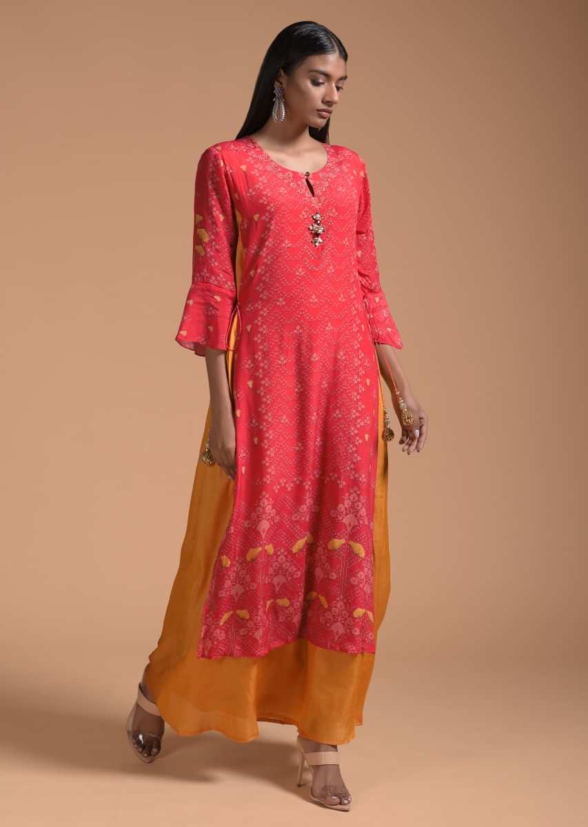 Coral Tunic In Silk With Digital Print And Attached Mustard Underlayer 