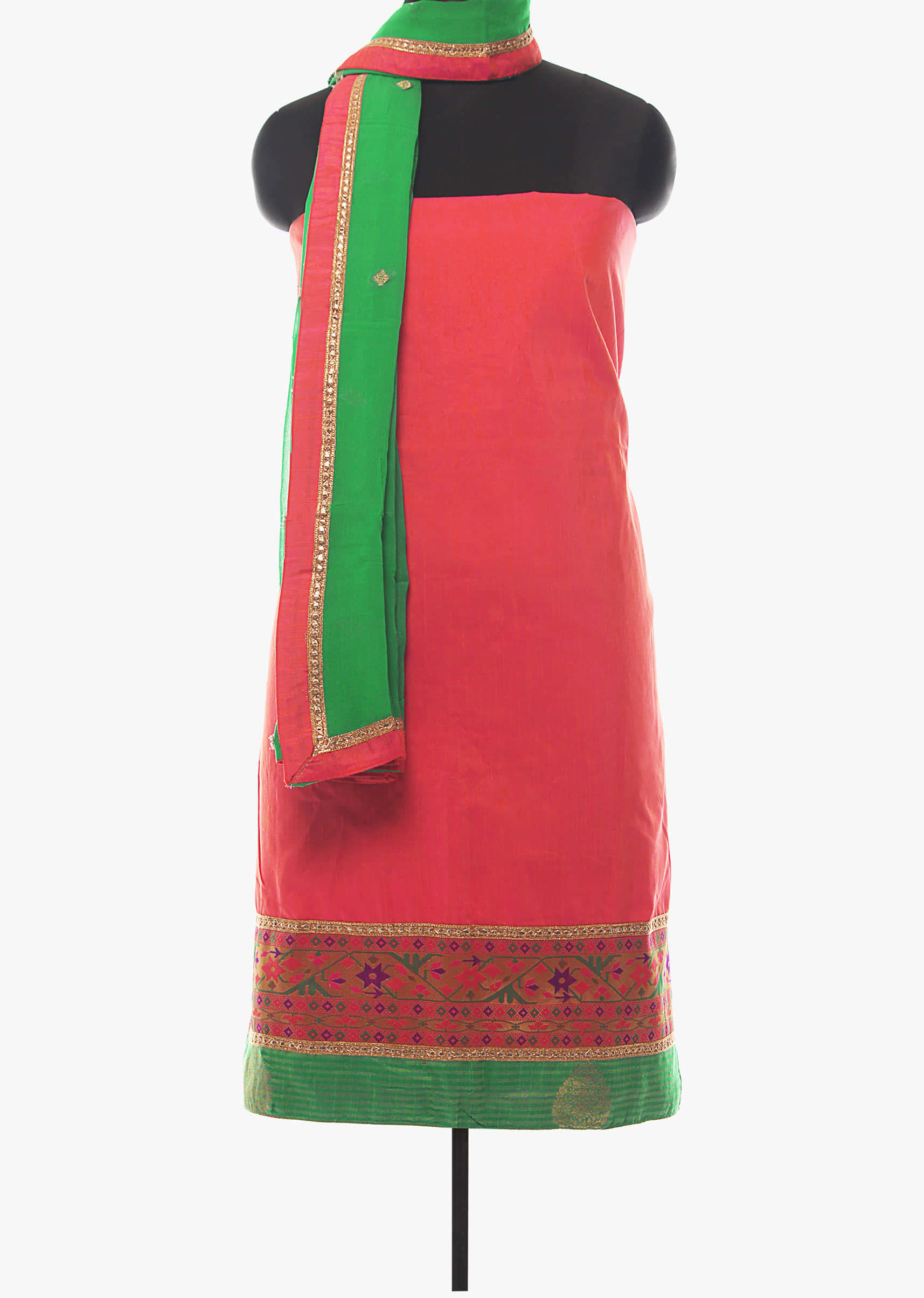 Coral unstitched suit in silk with brocade border only on Kalki