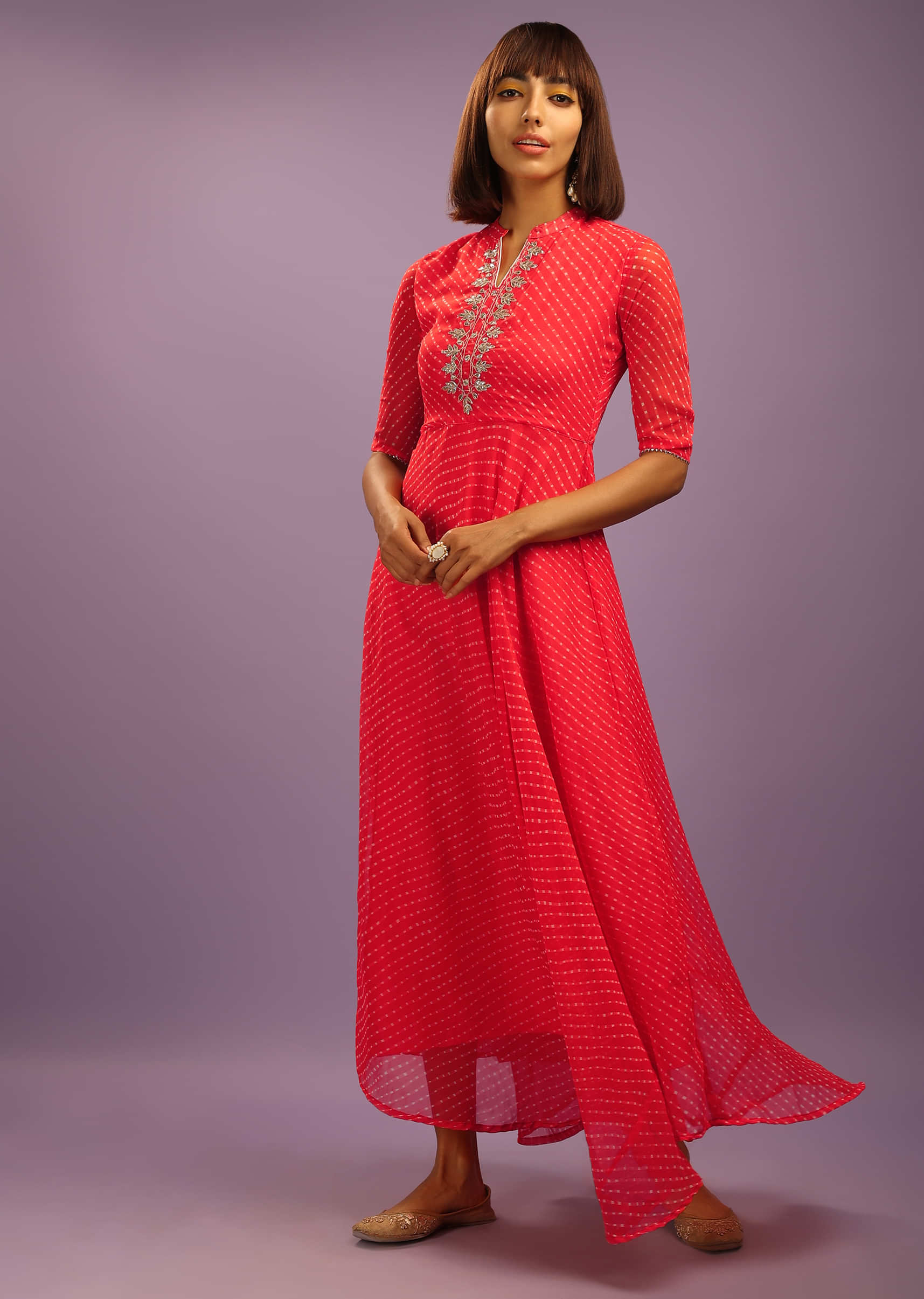 Coral Anarkali Dress In Georgette With Lehariya Print And Gotta Patti Work 