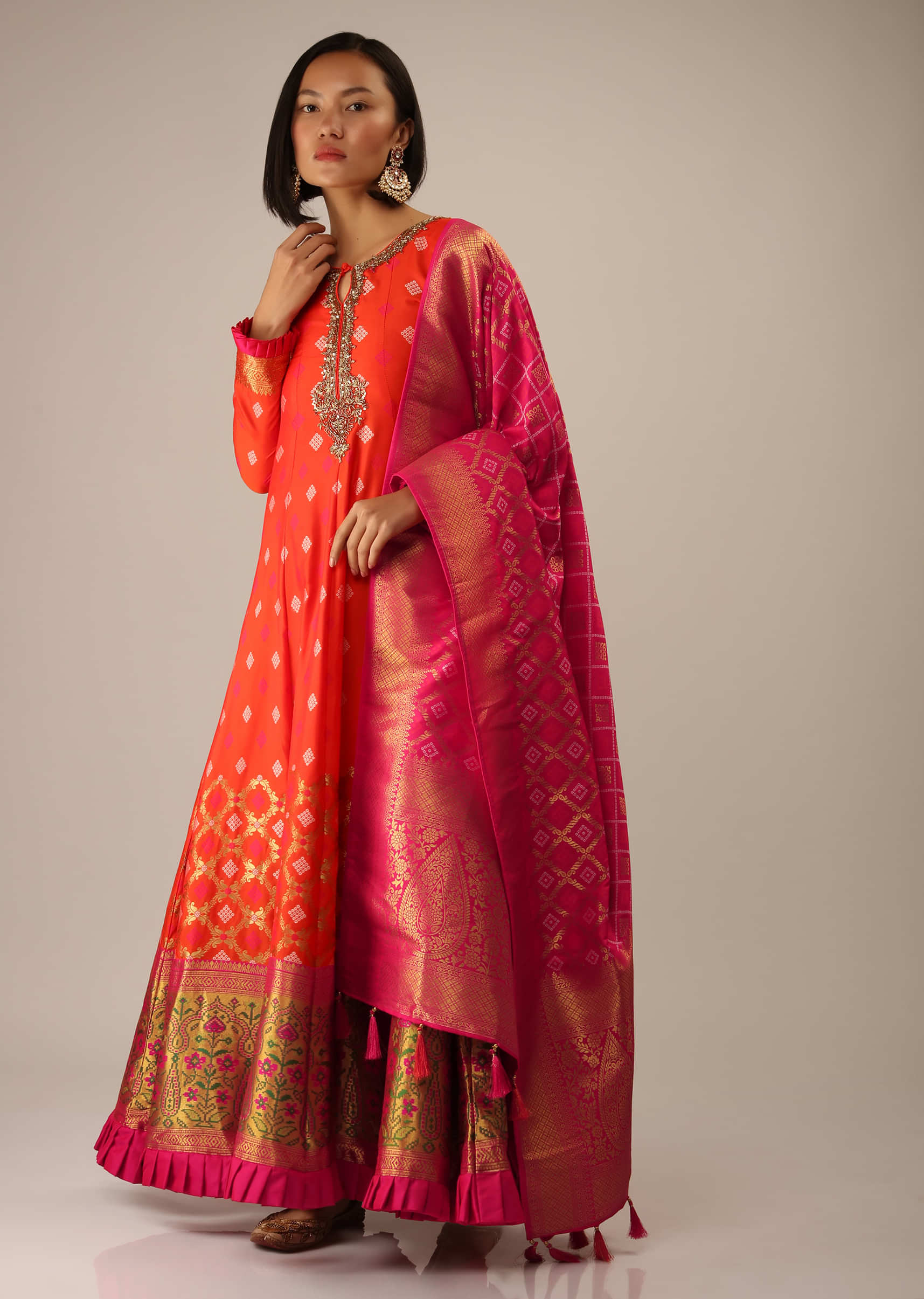 Buy Coral Anarkali Suit In Brocade Silk With Woven Buttis And Zardosi ...